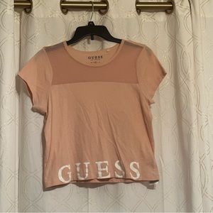 Guess cropped t-shirt with fishnet neck line detailing- light pink/blush - M